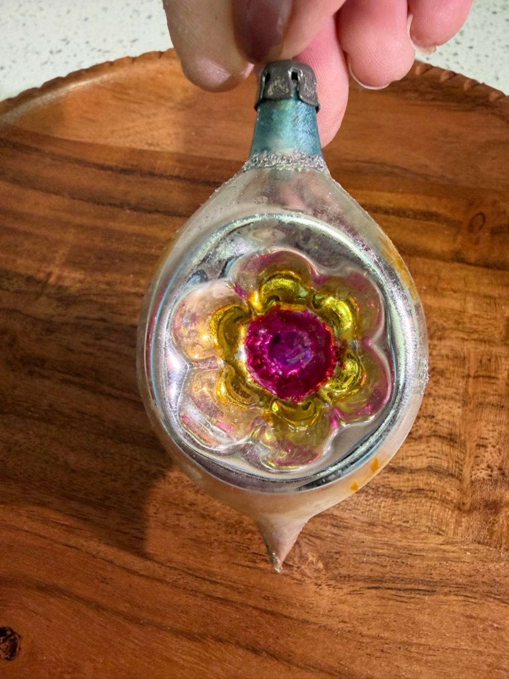 Sold Vintage Indented Glass Flower Christmas Ornament - Pink & Yellow
